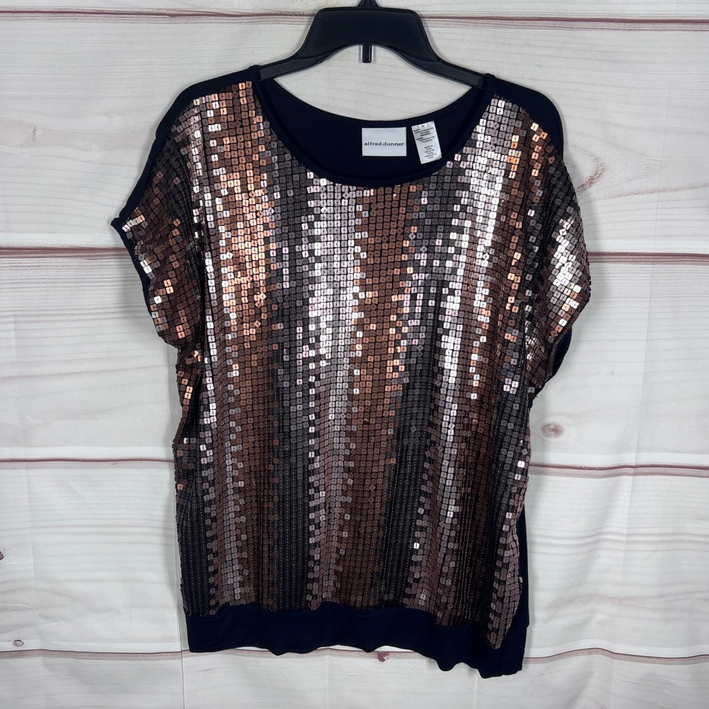 Alfred Dunner Top Womens Size Large Navy Sequin Short Sleeve Blouse Glitz Party